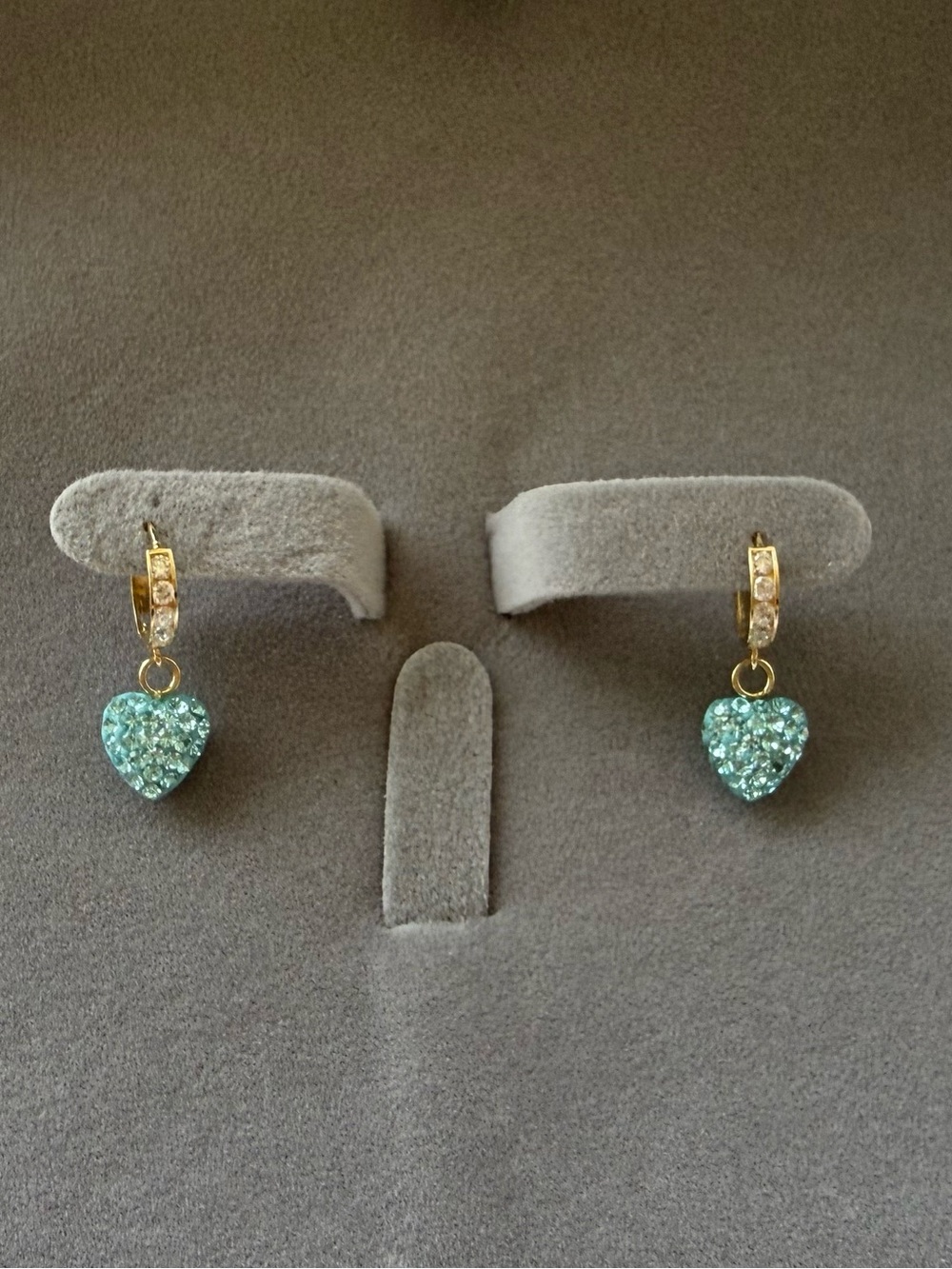 NWOT Solid 14K Yellow Gold Aqua Blue Micro Pave Heart Huggie Dangle Earrings